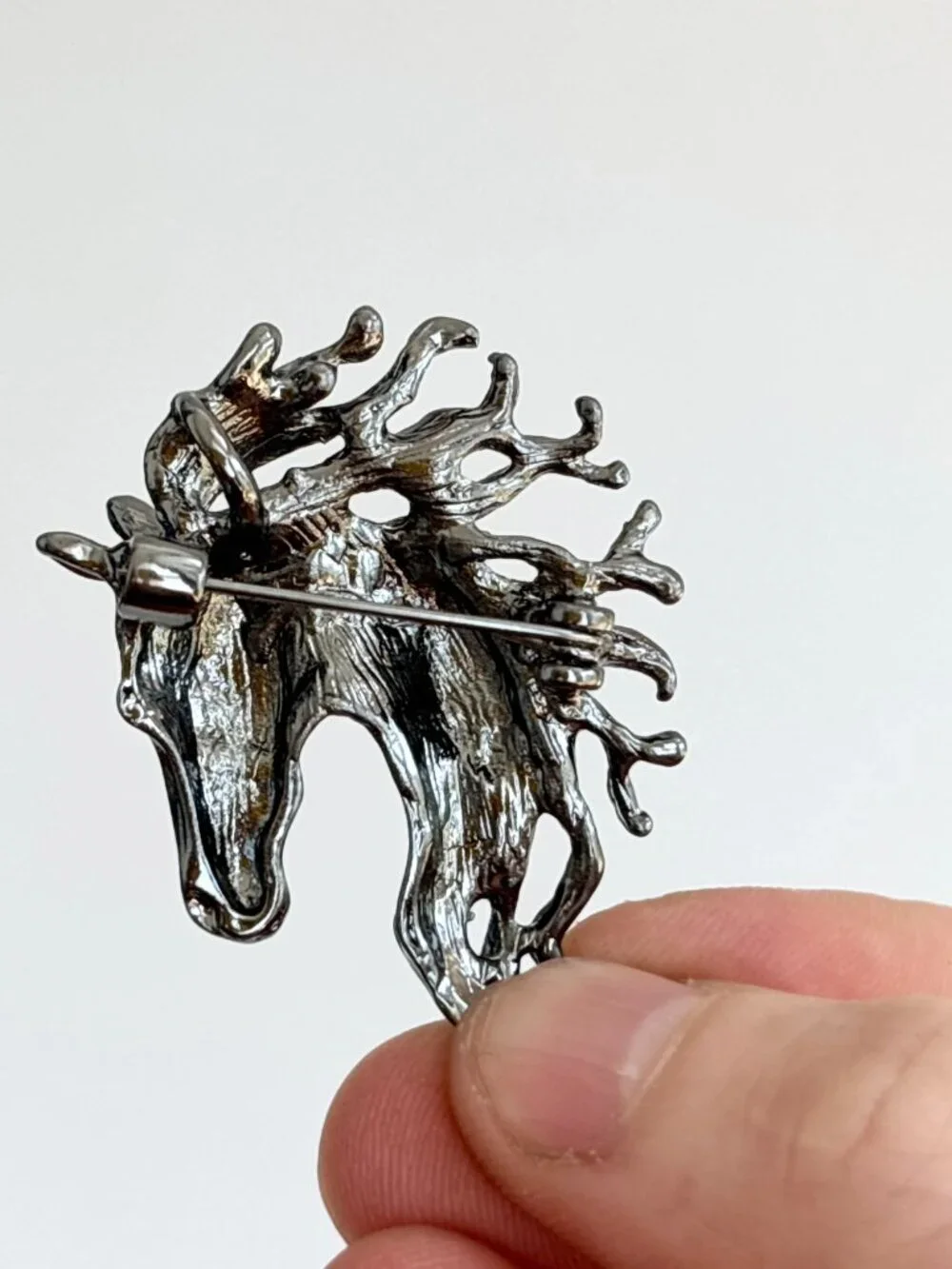 Horse Head Figural Billowing Mane Silver Toned Textured VIntage Insp Brooch Pin